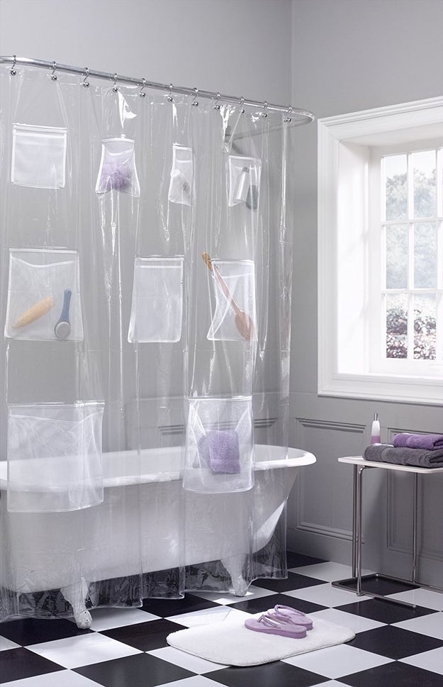 Switch to a curtain with pockets (on pockets) for less clutter inside the actual shower.