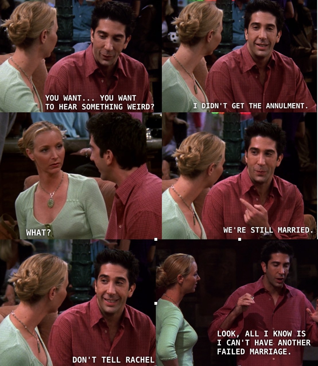 Remember that time Ross and Rachel got drunk and married? Now they're trying to get a divorce, but Ross lied to Rachel and said he got it annulled when he actually didn't. He doesn't want his tombstone to read, "Ross Geller. Three Divorces." It is apparent from this episode that Ross is ashamed of how many divorces he has and will do anything he can to limit that, including staying secretly married to Rachel. Here, Friends highlights through Ross's fear, the culture surrounding divorce and remarriage. I would argue that divorce is more commonly accepted nowadays. There is also a study that shows each remarriage after a divorce has a higher likelihood of divorce. Sorry Ross, those odds were obviously not in your favor.