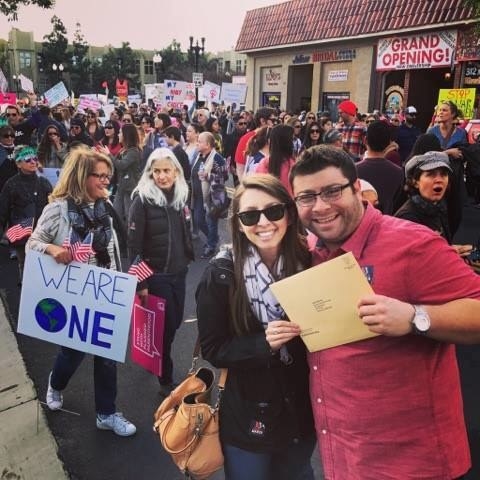 "It just so happened that my fiance Jason and I had an appointment to get our marriage license on the very same day as the Women's March. It made the experience that much more meaningful because of our shared belief that everyone deserves equal access to marriage licenses and happy marriages. It was such a special day to join with thousands in our community in Orange County, CA to advocate for positive social change." (Jill Weyman, Orange County, CA)