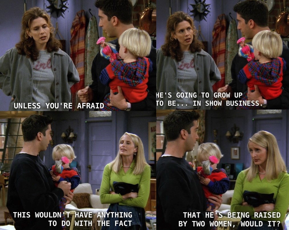 Ross and Susan bring Ben over to Ross's apartment and he is playing with a Barbie doll that he picked out for himself. Ross then becomes very confused and starts to worry why he has the Barbie. We can see through Ross's reaction that there may have been some tension regarding how kids grow up in homosexual households, and whether or not that would make them homosexual as well. Now, there is research that suggests kids who grow up with homosexual parents don't fare any worse than kids who grow up with heterosexual parents.
