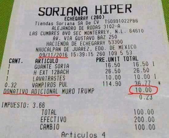 This one shows a receipt with an added "Trump wall donation."