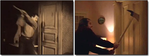 Why it's memorable: Well, the original shot comes from a 1921 Swedish film titled The Phantom Carriage that is not very known at all. But, the shots which involve crushing the door down with the axe are virtually identical when compared to the famous scene in Kubrick's The Shining.