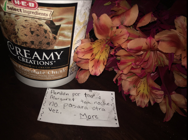 The next day, Marc asked Margaret what her mom's favorite ice cream was. She didn't think much of it, but then Marc showed up. He had flowers and ice cream for her mom, to say sorry for bringing her daughter home past her curfew.