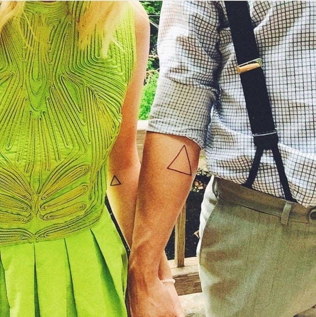 My husband and I got these triangles at a time when we were feeling closer than ever in our marriage. The two bottom angles represent the two of us and the top is God in our relationship.—lg89