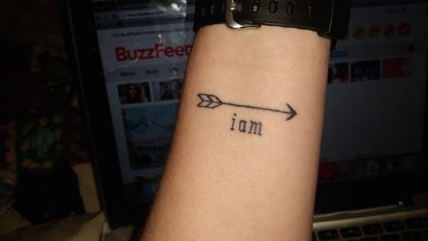 I suffer from some pretty serious depression, and after coming out the other side of a particularly bad couple of weeks, I went out and got this Bell Jar-inspired tattoo. It's a small arrow, to remind me to keep soaring forward, and one-third of the quote “i am, i am, i am.” I’ve actually wanted it for over a year, and after drawing it so many times on my arm in ballpoint pen, it’s cool to look down and see it there permanently!—brodiemears
