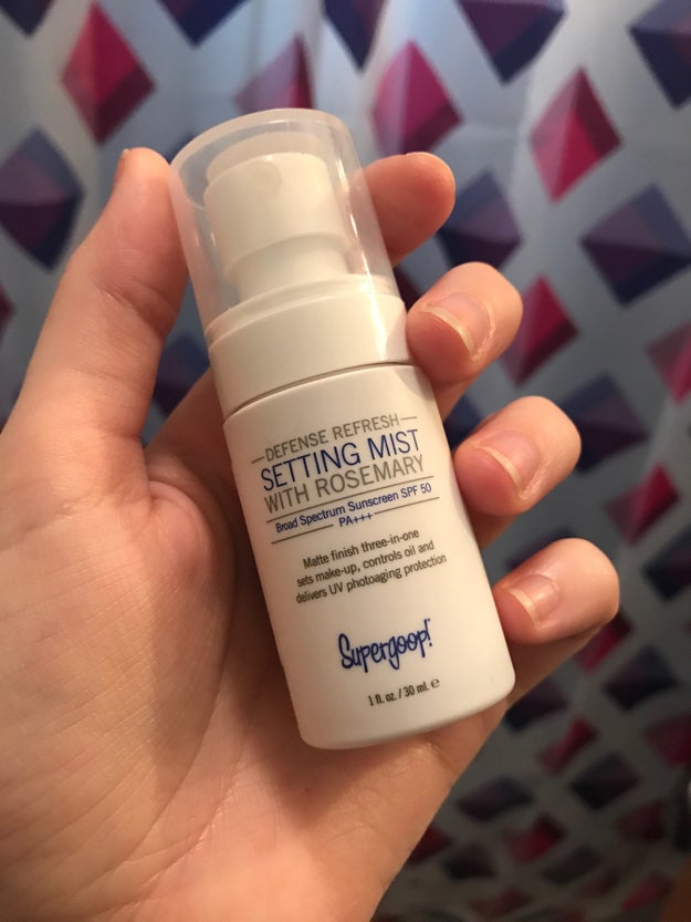 Supergoop! Defense Refresh Setting Mist SPF 50 mattifies your makeup and makes it last.