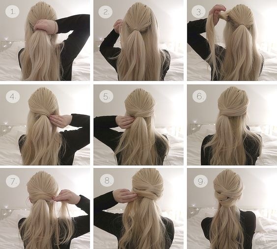 Si quieres algo práctico, pero no tan informal, y tienes mucho cabello, usa este peinado. Lo primero que tienes que hacerte es una media cola dejando mechones al frente, luego ir tomándolos (empezando por los de arriba) y pasarlos por encima de la coleta. Sujeta con bastantes pasadores para aguantar todo el día.