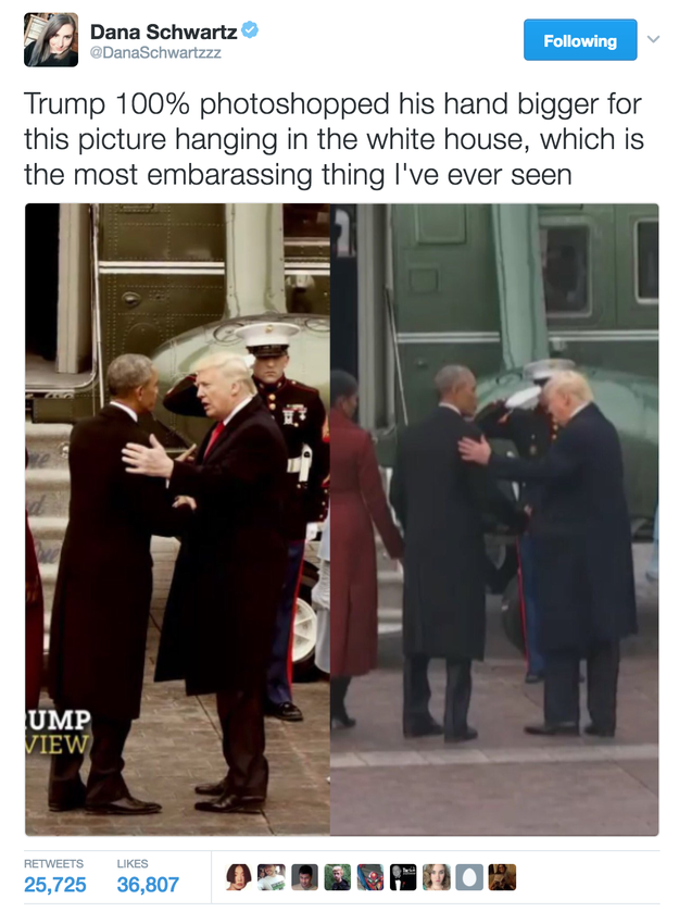 On Friday, in a tweet that has since been deleted, the New York Observer's Dana Schwartz claimed a photo of President Donald Trump and former President Barack Obama had been photoshopped to enlarge Trump's left hand.