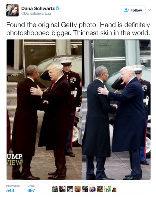 The only issue was that Schwartz had put two different photos next to each other in her original tweet. She then went to Getty to download a similar photo and juxtaposed them to prove the photoshopping. But they were still different photos.