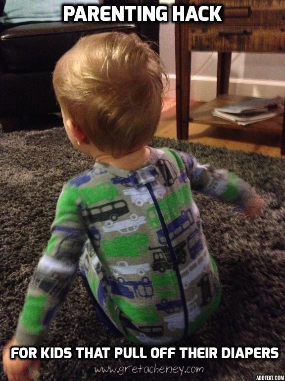 Have a kid who constantly pulls off their diaper (or strips naked)? Try putting their onesie on backwards.