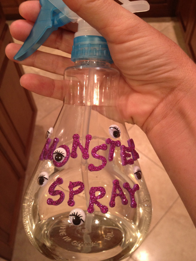 If your kid is afraid of monsters at night, make some “monster spray” to spray in their room before bed.