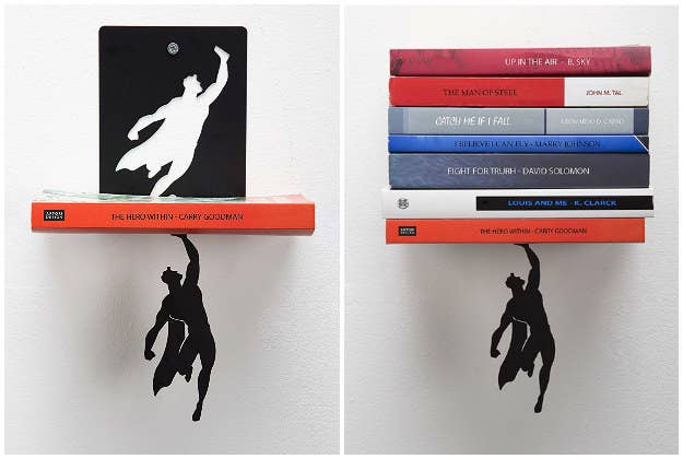 A collage showing the Superman book stand on a wall with various books on it.