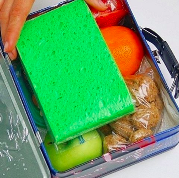 A frozen sponge in a ziplock bag makes a super affordable ice pack you won't mind your kid losing.