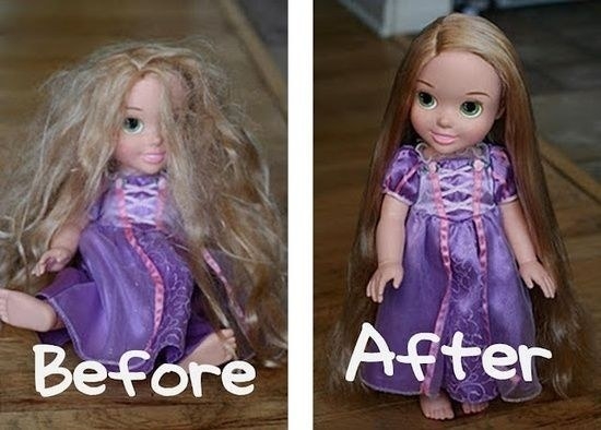 To detangle doll hair, fill a small spray bottle with fabric softener and water.