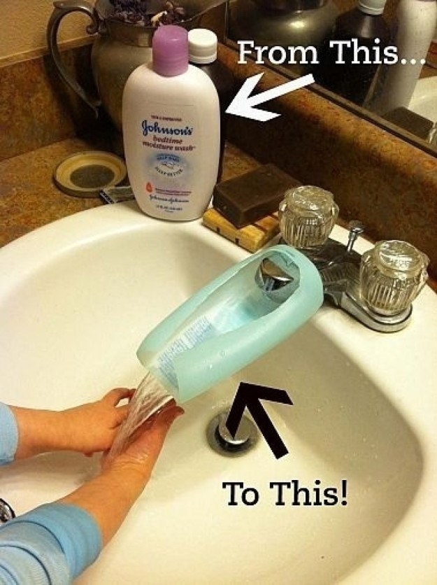 Turn an old lotion bottle into a faucet extender so you kid can reach the water.