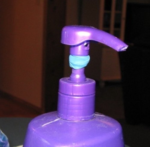 Stop your kid from squirting out too much soap by adding a rubber band to the head of the dispenser’s pump.