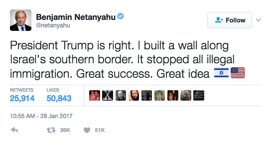 Israeli Prime Minister Benjamin Netanyahu waded into the clash between Mexico and the United States on Saturday, tweeting out his opinion on the efficacy of walls.
