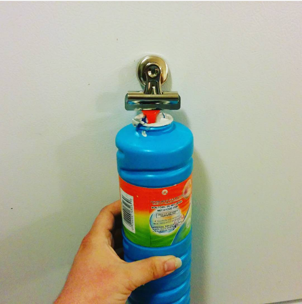 Attach a clip to the end of your kid’s bubble wand to keep it from falling into the container.