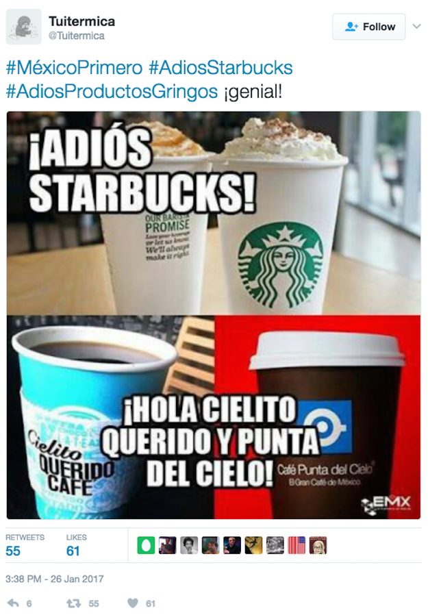 Last week people began calling for Mexicans to stop buying US products under a string of hashtags including #AdiosStarbucks, #AdiosWalmart, #AdiosMcDonalds, #AdiosCocacola and #AdiosProductosGringos.