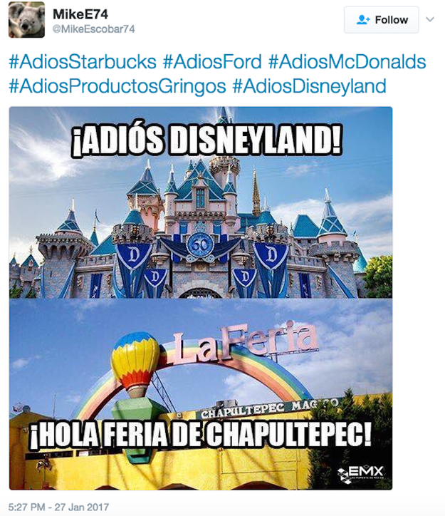 Consumers are rallying support for Mexican counterparts of American goods, for example the amusement park La Feria Chapultepec in Mexico City instead of Disneyland.