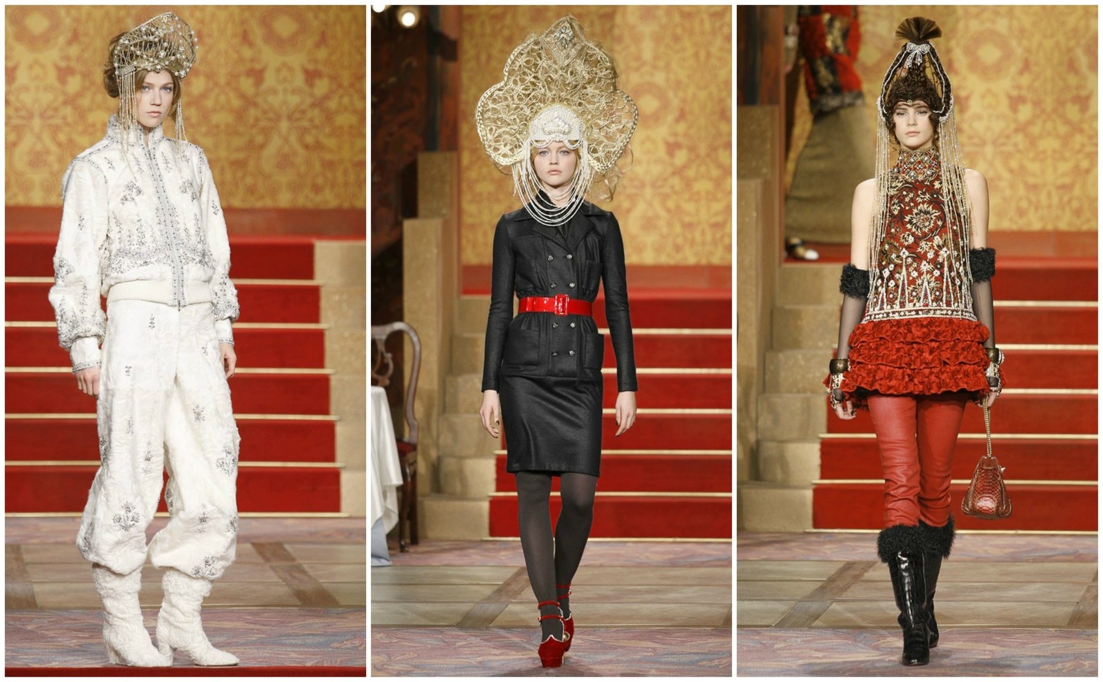 "Paris-Moscou" was the theme for Chanel's Pre-Fall 2009 collection. It was Byzantine empress meets modern woman who enjoys intricate embroidery, pearls and a showstopping headdress. Karl Lagerfeld's creations weren't a far stretch from Coco Chanel's interests considering her connections to Grand Duke Dmitri Pavlovich, Sergei Diaghilev and Igor Stravinsky. Chanel has had a longstanding link to Russian culture since the 1910's that includes Cuir de Russie, a sent Coco made with the czar's perfumer in 1927. The overall collection was distinctly Russian done in a high fashion way only Lagerfeld knows how to do.