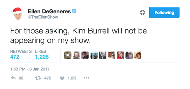 Ellen DeGeneres has confirmed on Twitter that gospel singer Kim Burrell, whose anti-gay sermon went viral over the weekend, will not be performing as scheduled on her show this Thursday.