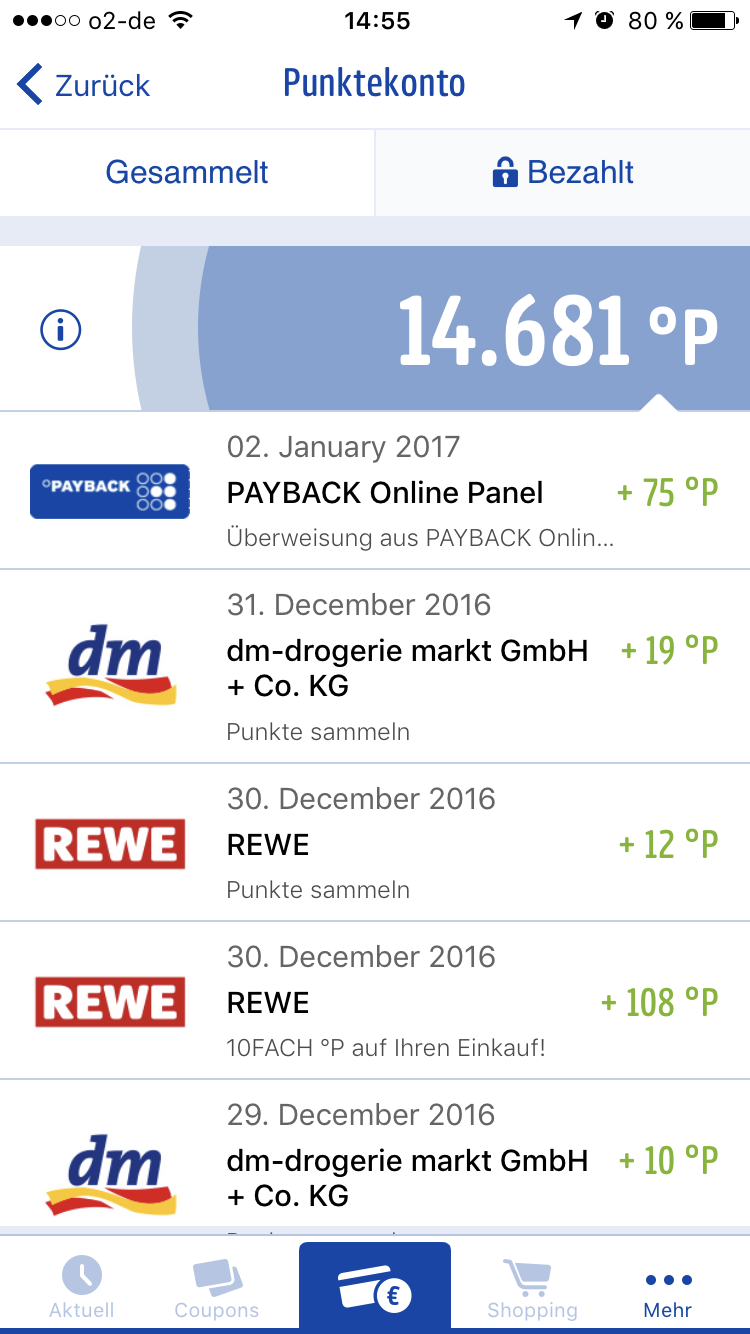 Ich nutze Payback schon seit Jahren. Man wird nicht reich, aber wenn man viel bei den teilnehmenden Ketten einkauft, lohnt es sich wirklich (es gibt auch Coupons für Online-Shops). Dank Coupons, mit denen es entweder Mehrfachpunkte oder Sonderpunkte auf Artikel gibt, geht das Sammeln auch relativ schnell. Mein Lieblingsfeature: Die Punkte lassen sich nicht nur gegen (aus meiner Sicht meist recht unnütze, überteuerte) Prämien eintauschen, man kann bei manchen Ketten direkt mit ihnen zahlen oder sich Gutscheine ausdrucken. 100 Punkte entsprechen dabei 1 Euro. Und wie man oben sieht, hat man die schnell zusammen.Man sollte allerdings auch beachten, dass damit Daten gesammelt werden und versucht wird, Kunden zu binden. Wer sich darüber Sorgen macht, für den ist dieser Dienst eher nichts.