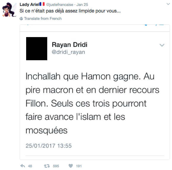Comme le montre ce tweet d'un compte influent d'extrême droite, dont le message a été retweeté près de 600 fois.