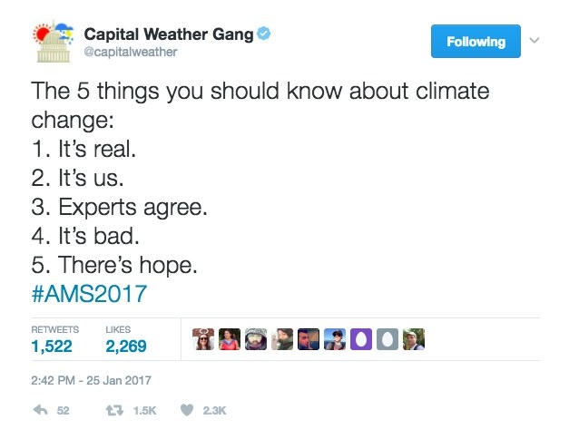 During the American Meteorological Society's Annual Meeting—which just happened to coincide with news of the Trump White House's silencing of science— the Washington Post's Capital Weather Gang tweeted all you need to know about climate change...and had 3 characters to spare.