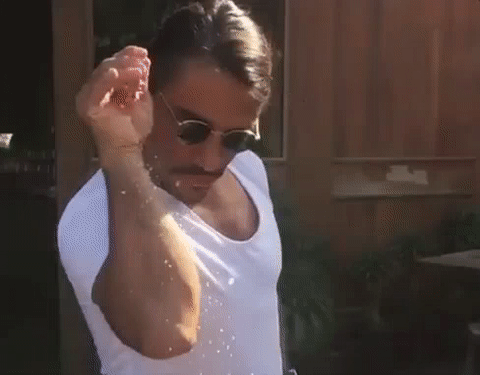 Turkish chef Nusret Gökçe gained the nickname Salt Bae after a video of carving steak was uploaded to the internet. This gif of him sprinkling salt on the steak is used in reaction to situations where the other party is perceived as "salty". RAISING THE STEAKSThere is no deeper meaning here. If this is your favourite meme, you think Salt Bae is hot, and you love a good steak.