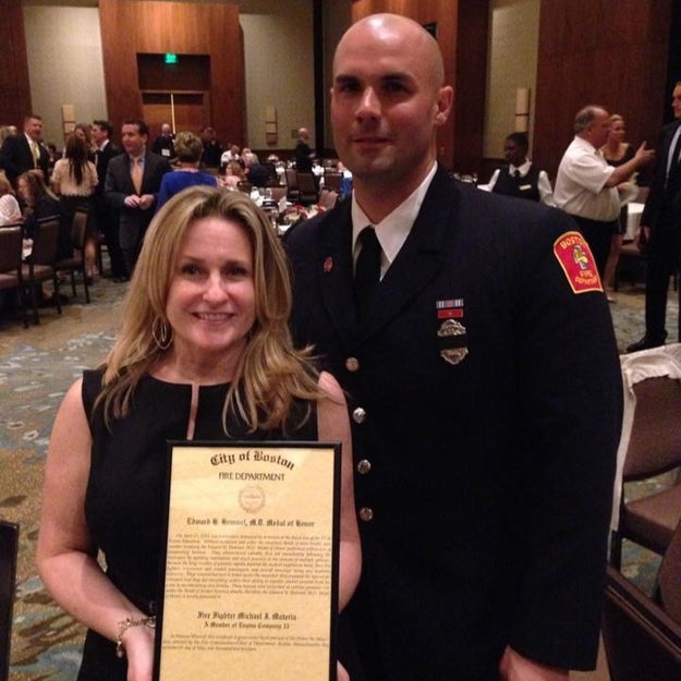 After the bombs went off, a firefighter, Mike Materia, rushed to help her. However, the ambulances were all full, so a Boston police officer commandeered an empty police van, while Materia lifted her into the paddy wagon. He stayed by her side as they rode to the hospital, holding her burned hand, and told her everything would be OK.