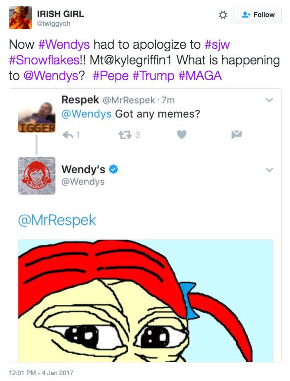 Wendy's Twitter account posts Pepe the Frog meme, a designated