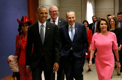 Obama, Schumer, Pelosi with idiot grins
