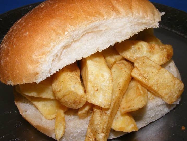 For the best result, you want chip shop chips and the kind of bun you used to get iced for pudding at school.