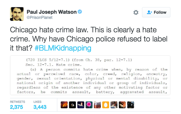 After video of the attack spread on social media, many people — including several prominent members of the alt-right movement — began blaming Black Lives Matter for the attack, leading to the hashtag #BLMKidnapping trending on Twitter on Thursday.