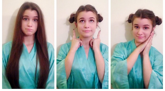 Caryn: TBH one of the best parts of these hairstyles is getting to look like your favorite galactic princess when you go to bed. Middle part your hair into two sections, twist these backwards away from your face as tight as you can, then secure with a hair tie. It's so easy a scruffy nerf herder could do it!