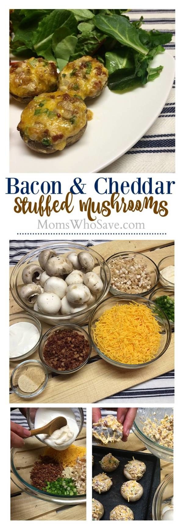 Here’s a savory appetizer you’ll want to make again and again. These delicious bacon cheddar stuffed mushrooms are so good and perfect to serve at a party, on game night, or just about anytime.If you want to make them vegetarian, you can use “fake” bacon, like Smart Bacon, Morningstar Farms, or your favorite brand.