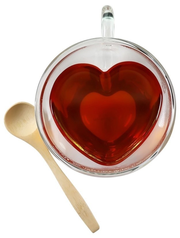 Heart-shaped, double-walled glass tea cups.