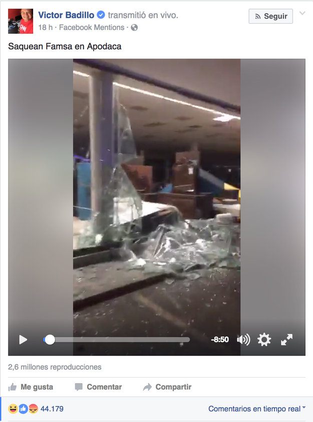 El jueves 5 de enero en Apodaca (Nuevo León), ocurrió un saqueo en una tienda Famsa y Badillo inició una transmisión vía Facebook Live para reportarlo.