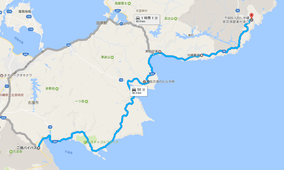 井上氏は「このトンネルをくぐっていくと高江ヘリパッド建設現場」とリポートしているが、実際には「現地」から約40キロ離れているようだ。
