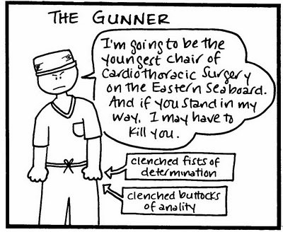 Make no mistake; the gunner is gunning for you. When you’re making the rounds on the floors, you can bet the gunner knows the vital signs for everyone else’s patients. When anyone else slips up or draws a blank, he’s there with the correct answer in a snap. When he talks about how much he has studied and how many extra books he read, it’s best to just tune it out.