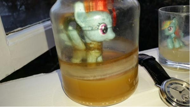Warning: this is extremely gross. It's a Rainbow Dash figurine in a jar of very gross looking liquid.
