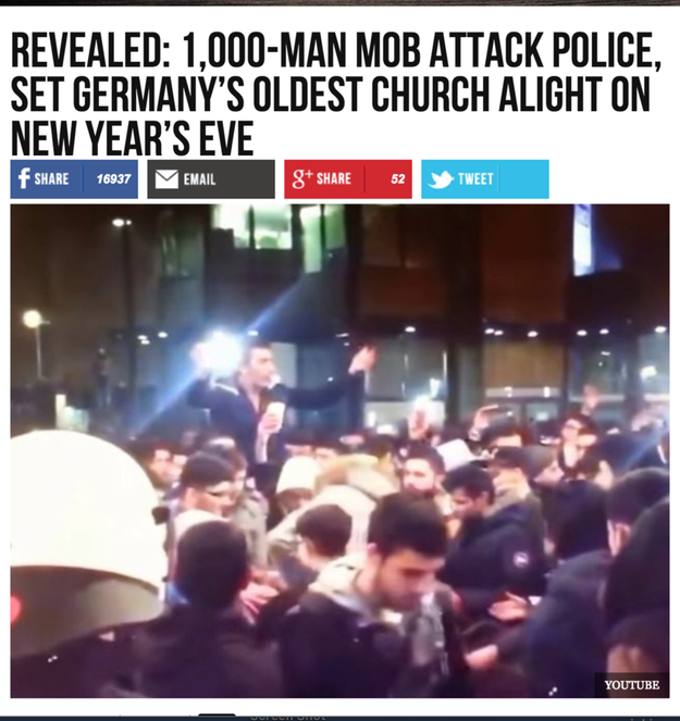 Last week, Breitbart published a piece titled, "Revealed: 1,000-Man Mob Attack Police, Set Germany’s Oldest Church Alight on New Year’s Eve."