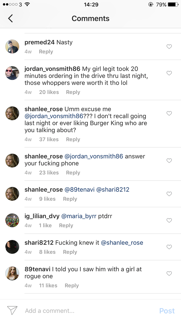 A man with the username @jordan_vonsmith86 commented about his "girl's" drive-through order taking too long, but ended up being caught by his actual girlfriend, @shanlee_rose.