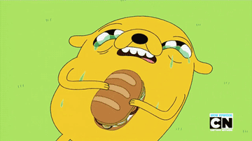 cartoon dog crying and eating a sandwich