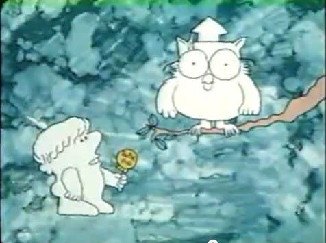A kid with a Tootsie Pop standing next to Mr. Owl asking him a question