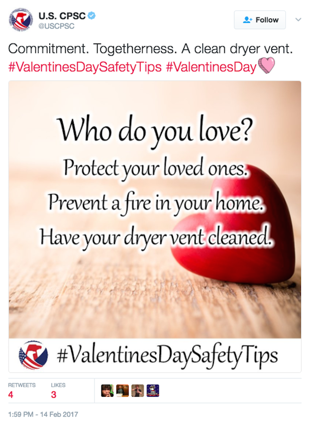 But consumer safety isn't all fire and roses."Commitment. Togetherness. A clean dryer vent," read one tweet, which it nailed.