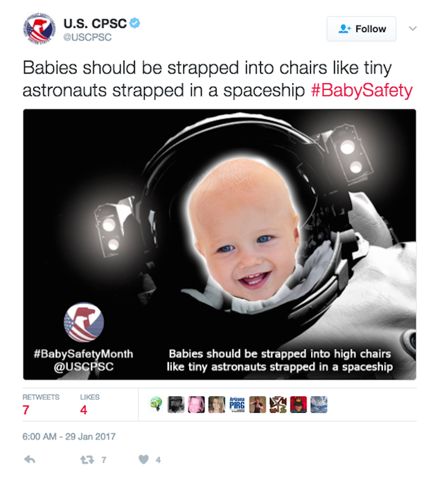 Wolfson said the key is to be visual. Take this image of a glowing baby as a "tiny astronaut," used as a tip on how to strap infants into chairs.