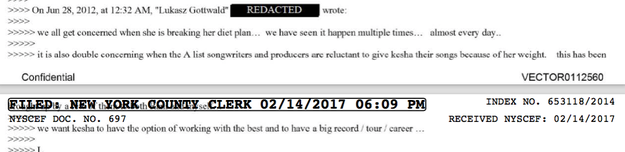 In an email dated June 28, 2012, Dr. Luke wrote, "We all get concerned when she is breaking her diet plan."