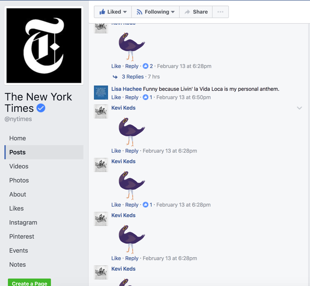 Trash Bird has infected Facebook like a virus, people are using the lovable bird to clog up the feeds of prominent Facebook pages. Check out the comment section on this New York Times article.